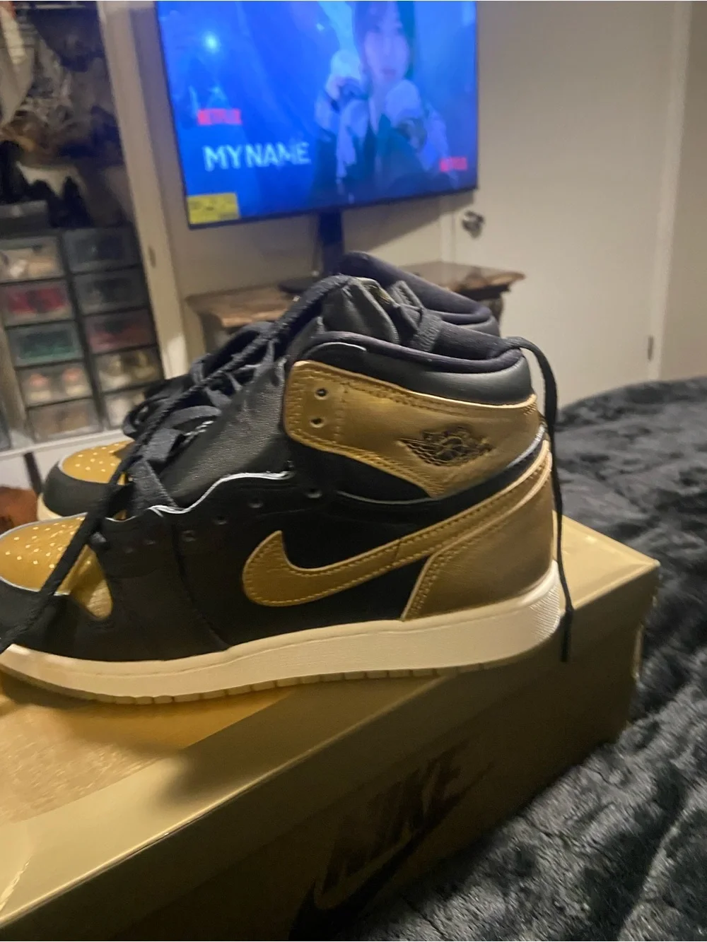 Nike Air Jordan 1 Mid Black & Metallic Gold Sneakers
